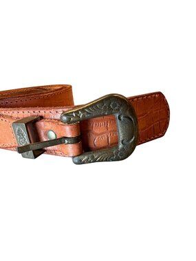 Fiorucci Italy Leather Double Strap Belt Vintage Embossed Brass Floral Accents